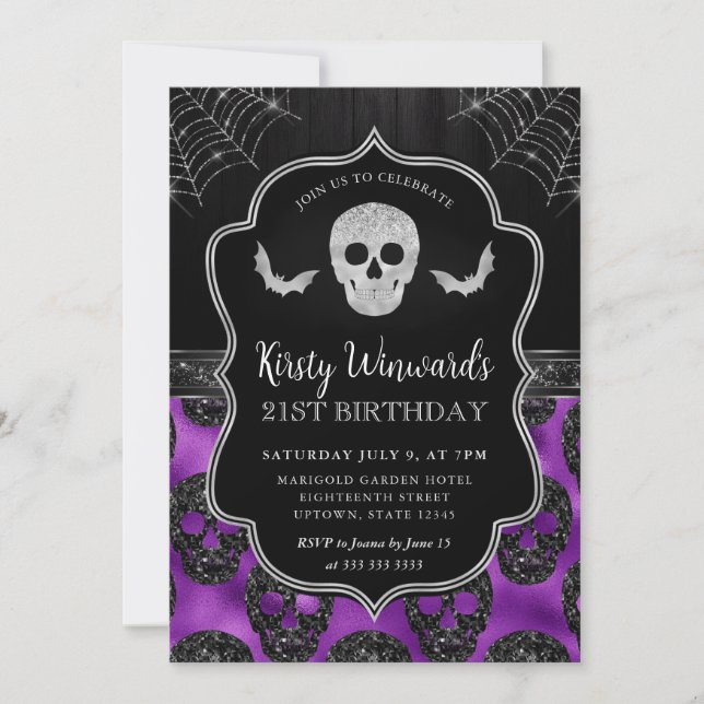 Invitación Calavera negra y morada y telaraña 21º cumpleaños (Anverso)