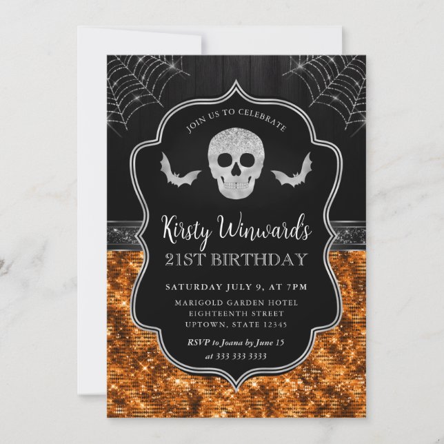 Invitación Calavera negra y naranja y telarañas Cumpleaños 21 (Anverso)