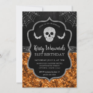 Invitación Calavera negra y naranja y telarañas Cumpleaños 21
