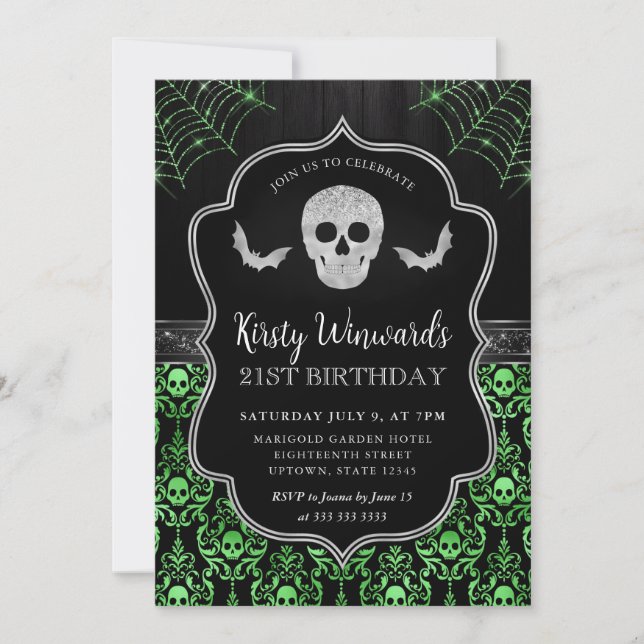 Invitación Calavera negra y verde y telaraña 21 cumpleaños (Anverso)