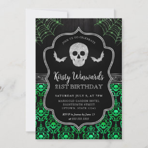 Invitación Calavera negra y verde y telaraña 21 cumpleaños