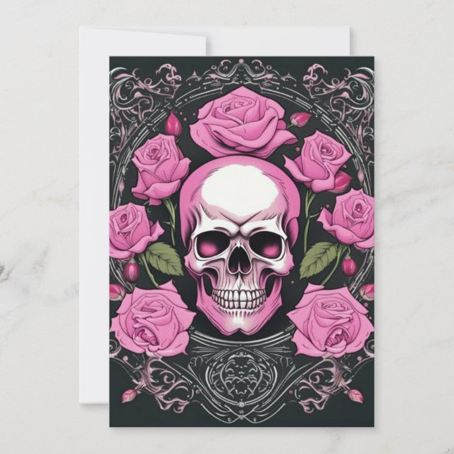 Invitación Calavera rosa y Rosas Boda de elegancia gótica (Anverso)
