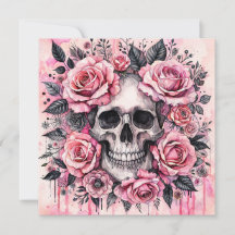Calavera sonriente y rosas rosadas gótica
