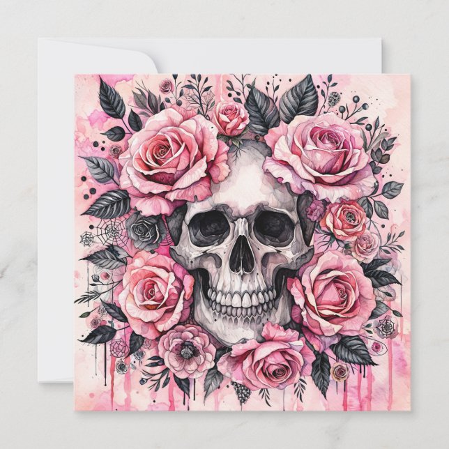 Invitación Calavera sonriente y rosas rosadas Gótico (Anverso)