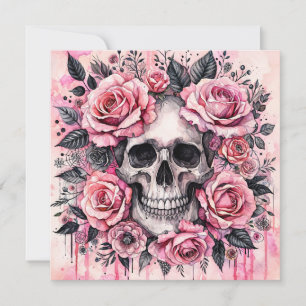 Invitación Calavera sonriente y rosas rosadas Gótico