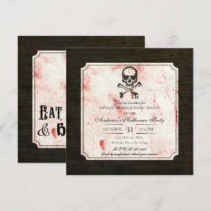 Invitación Calavera Vintage Grunge Huesos Cruzados Halloween 