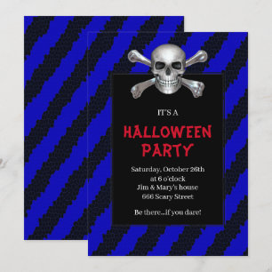 Invitación Calavera y Huesos Cruzados Raya Azul Fiesta de Hal