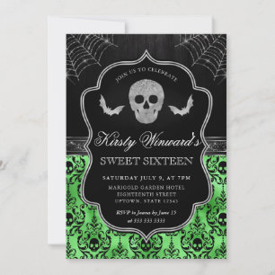 Invitación Calavera y murciélago de Halloween en damasco Cump