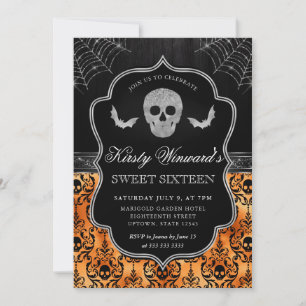 Invitación Calavera y murciélago de Halloween en damasco Cump