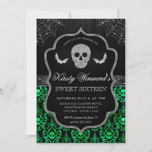 Invitación Calavera y Murciélago de Halloween en Damask Cumpl