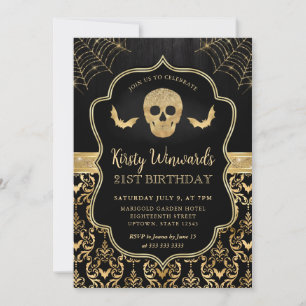 Invitación Calavera y murciélagos negros y dorados Damask Cum