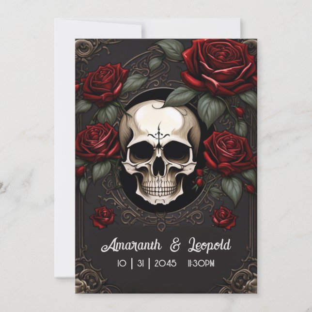 Invitación Calavera Y Rosas Boda Gótico Tradicional (Anverso)