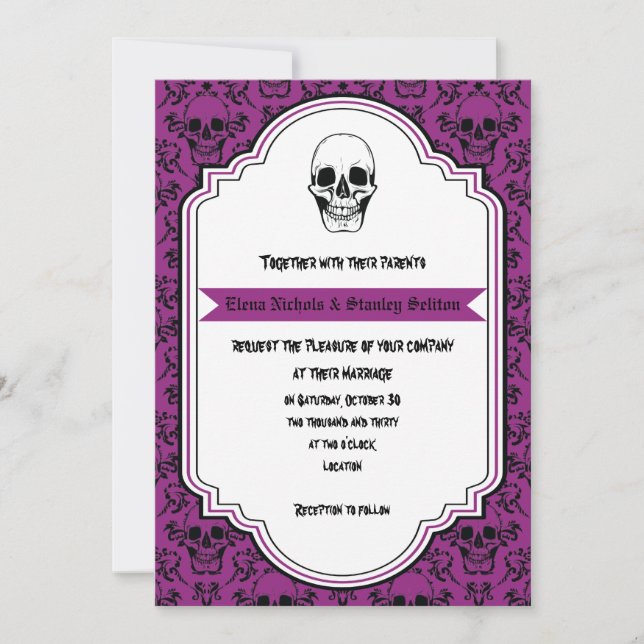 Invitación Calaveras adamascan morado, boda negro de Hallowee (Anverso)