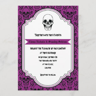 Invitación Calaveras adamascan morado, boda negro de Hallowee