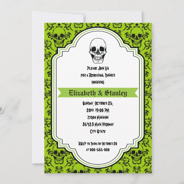 Invitación Calaveras damasco boda verde ensayo cena (Anverso)