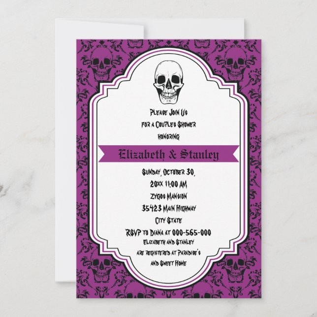 Invitación Calaveras damasquinadas púrpura, parejas de boda n (Anverso)