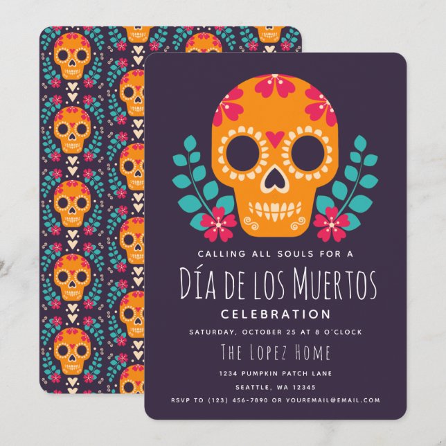 Invitación Calaveras de Azúcar Celebración del Día de los Mue (Anverso / Reverso)
