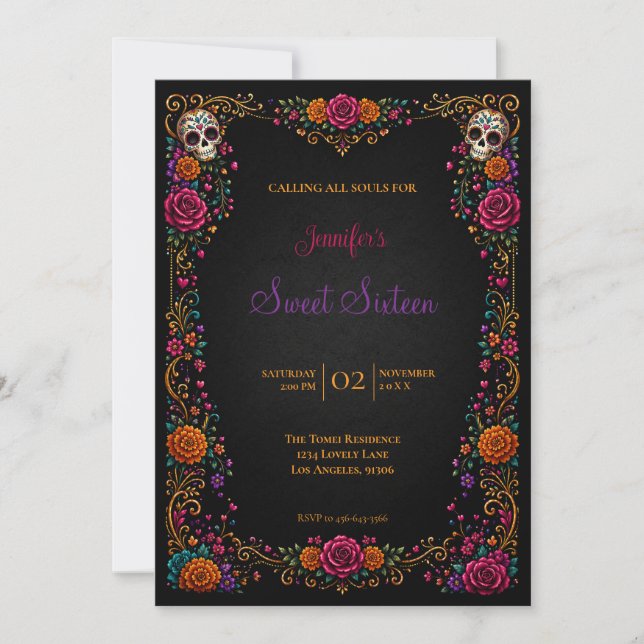 Invitación Calaveras de Azúcar Cumpleaños Dieciséis Día de Mu (Anverso)