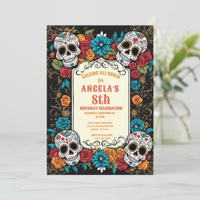 Invitación Calaveras de azúcar de época Día de Los Muertos Cu (Anverso de pie)
