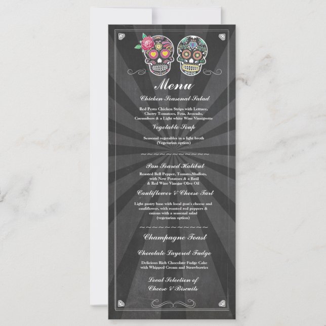Invitación Calaveras de Azúcar Menú de Boda en Pizarra (Anverso)