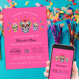 Invitación Calaveras de azúcar rosa caliente Día de cumpleaño