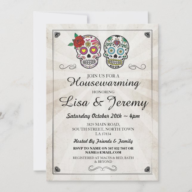 Invitación Calaveras de azúcar rusticas en casa invitan a Hal (Anverso)