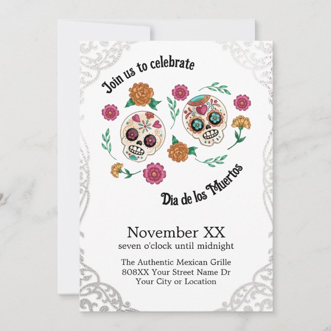 Invitación Calaveras de Azúcar y Flores de Día de Muertos Pla (Anverso)