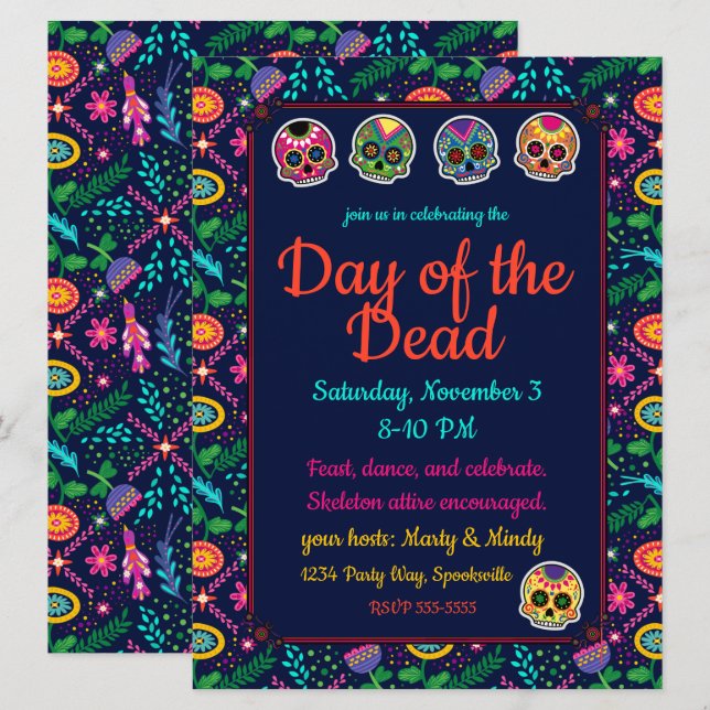 Invitación Calaveras de azúcar y flores Día de los Muertos (Anverso / Reverso)