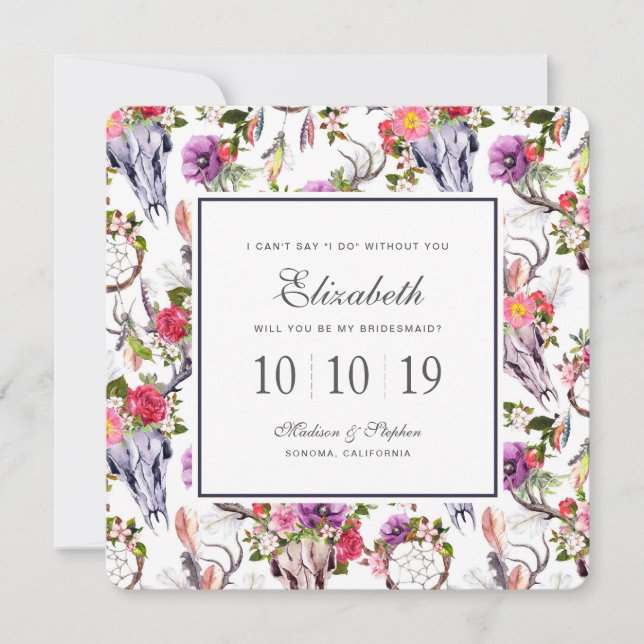 Invitación Calaveras de ciervos, flores y cazadores de sueños (Anverso)