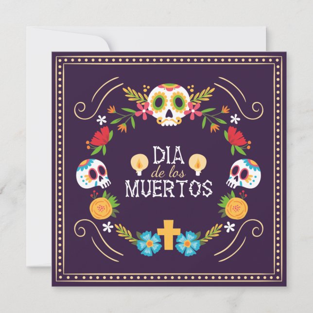 Invitación Calaveras florales coloridas Dia de Muertos | Invi (Anverso)