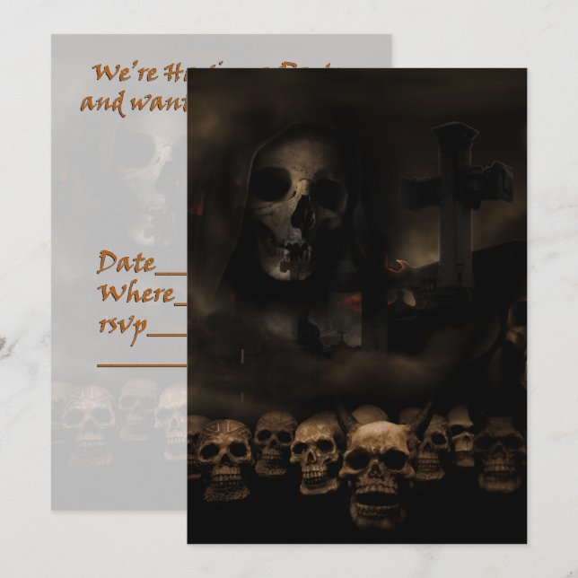 Invitación Calaveras góticas de Halloween en el cementerio (Anverso / Reverso)
