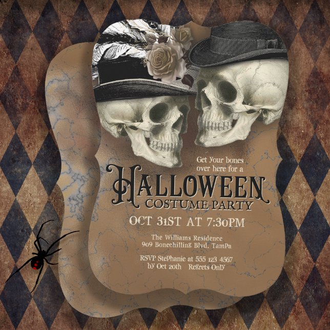 Invitación Calaveras góticas en Gorras Fiesta de disfraces de (Plan an epic haunted house Halloween Party with this gothic skulls party invitation.)