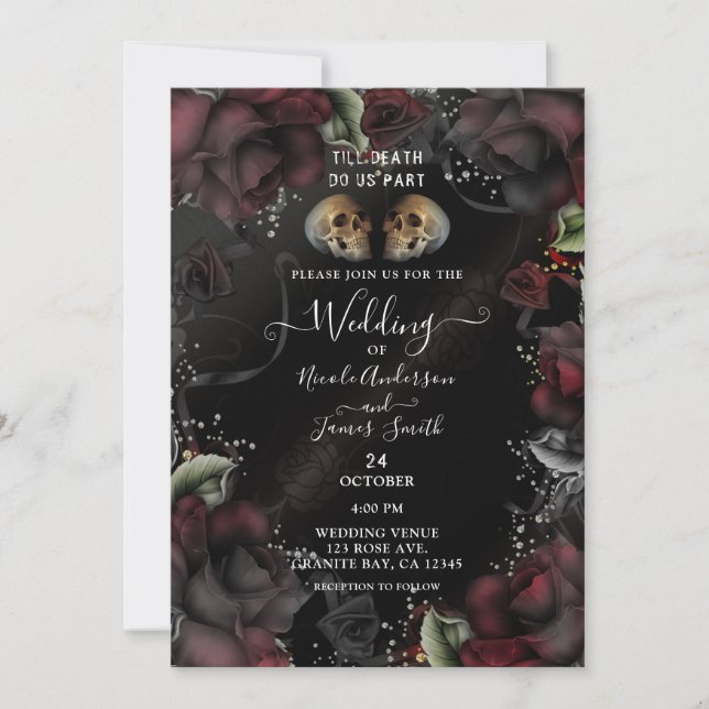 Invitación Calaveras Góticas Rosas Negras Rojas Bodas de Hall (Anverso)