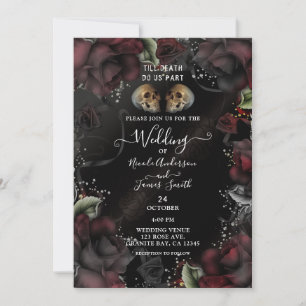 Invitación Calaveras góticas Rosas negros rojos Boda de Hallo