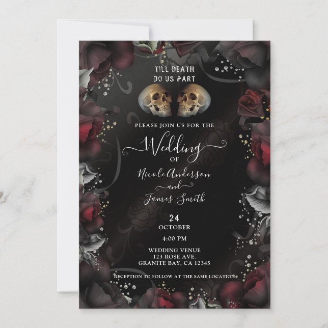 Invitación Calaveras góticas rosas rojas y negras de Hallowee (Anverso)