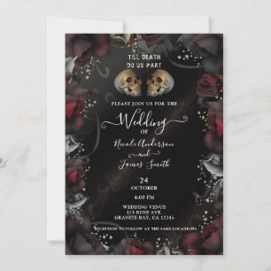 Invitación Calaveras góticas rosas rojas y negras de Hallowee