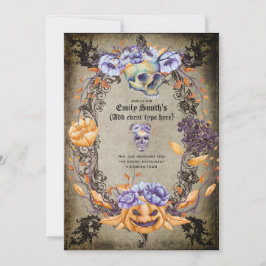 Invitación Calaveras góticas vintage flores púrpura naranja G