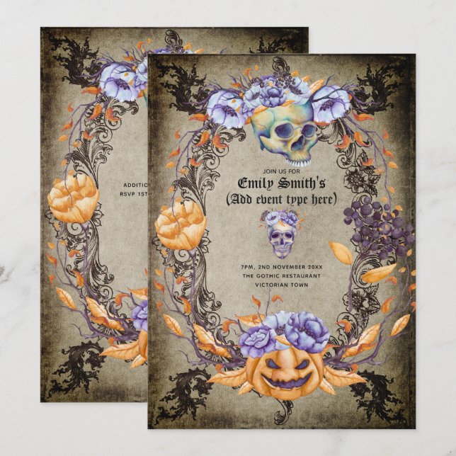 Invitación Calaveras góticas vintage flores púrpuras anaranja (Anverso / Reverso)