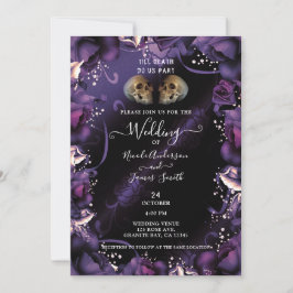 Invitación Calaveras góticas y rosas púrpuras: Boda de Hallow