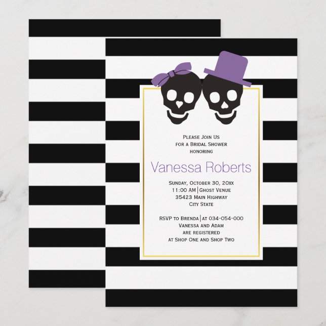 Invitación Calaveras moradas y rayas boda ducha de novia (Anverso / Reverso)