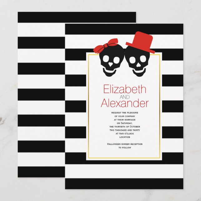 Invitación Calaveras rayas blancas, negro boda rojo Halloween (Anverso / Reverso)