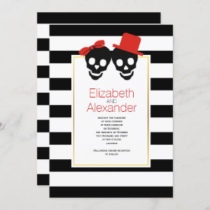 Invitación Calaveras rayas blancas, negro boda rojo Halloween