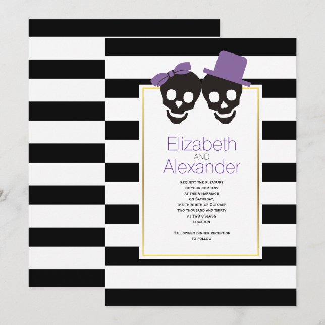 Invitación Calaveras y rayas boda de Halloween púrpura (Anverso / Reverso)