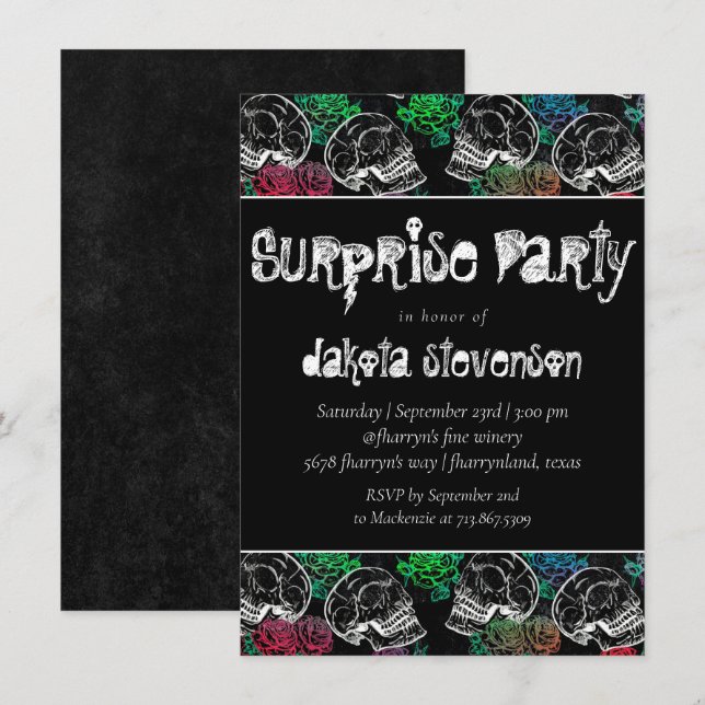 Invitación Calaveras y rosas rojas | Fiesta de sorpresa de Gó (Anverso / Reverso)