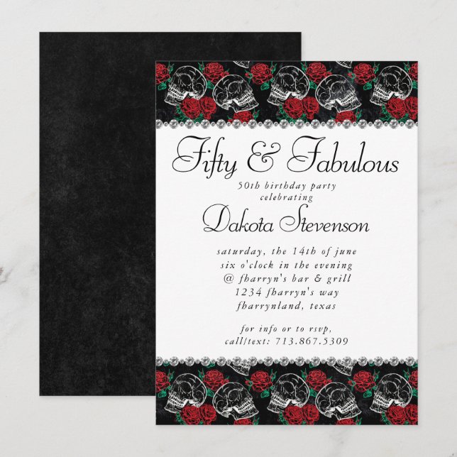 Invitación Calaveras y rosas rojas | Gótico moderno 50 y fabu (Anverso / Reverso)