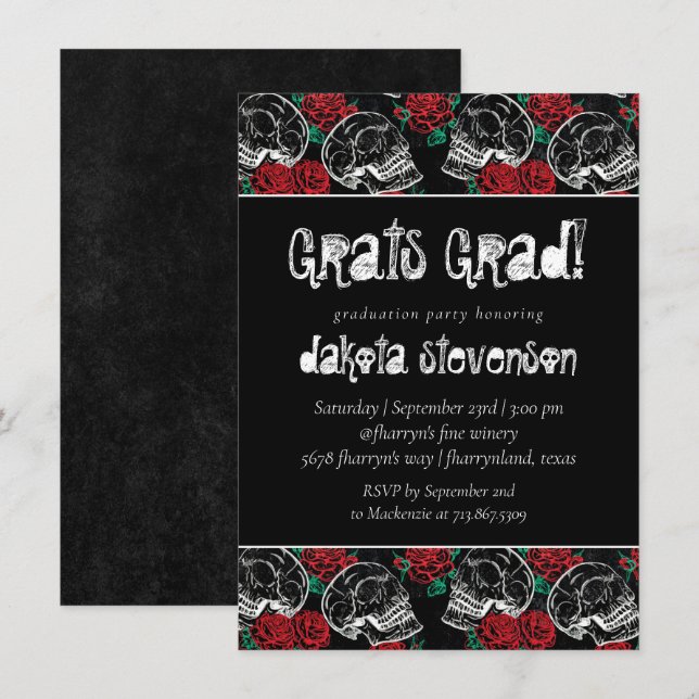Invitación Calaveras y rosas rojas | Graduación moderna del G (Anverso / Reverso)