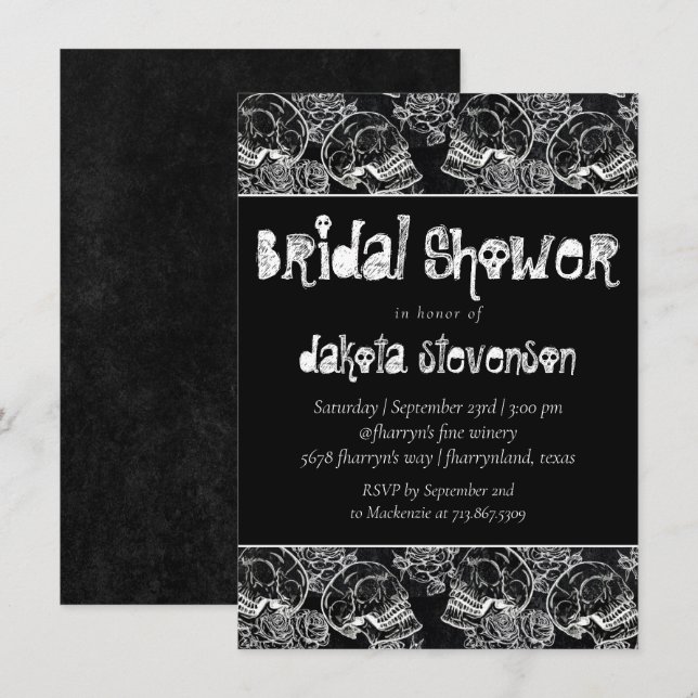 Invitación Calaveras y rosas rojas | Moderna ducha de novias  (Anverso / Reverso)