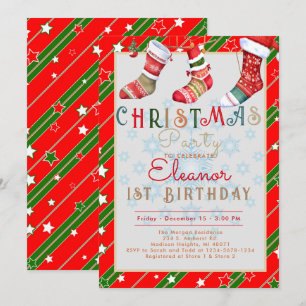 Invitación Calcetines de Navidad Fiesta de Cumpleaños 1er