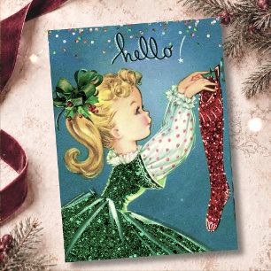 Invitación Calcetines rojos de Navidad vintage con brillo y m