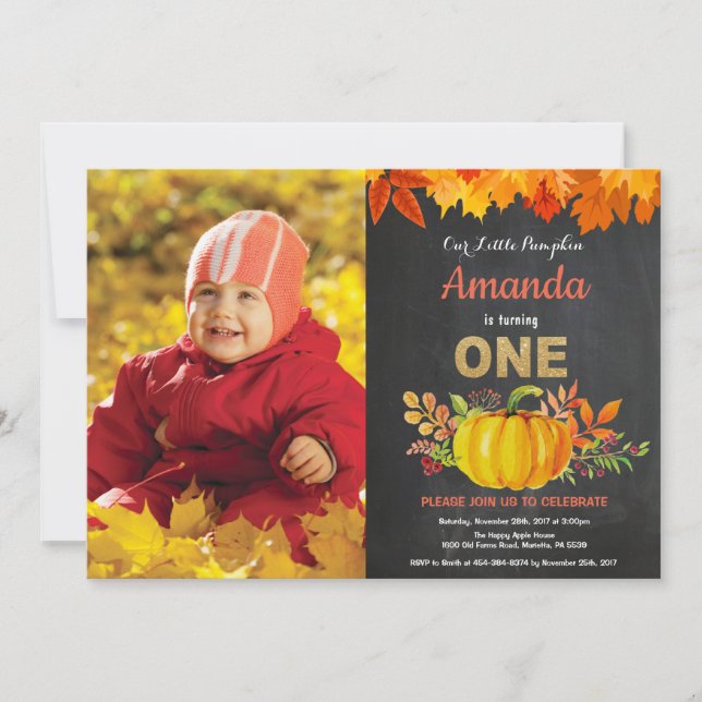 Invitación Calcomanía de calabaza de oro de primer cumpleaños (Anverso)
